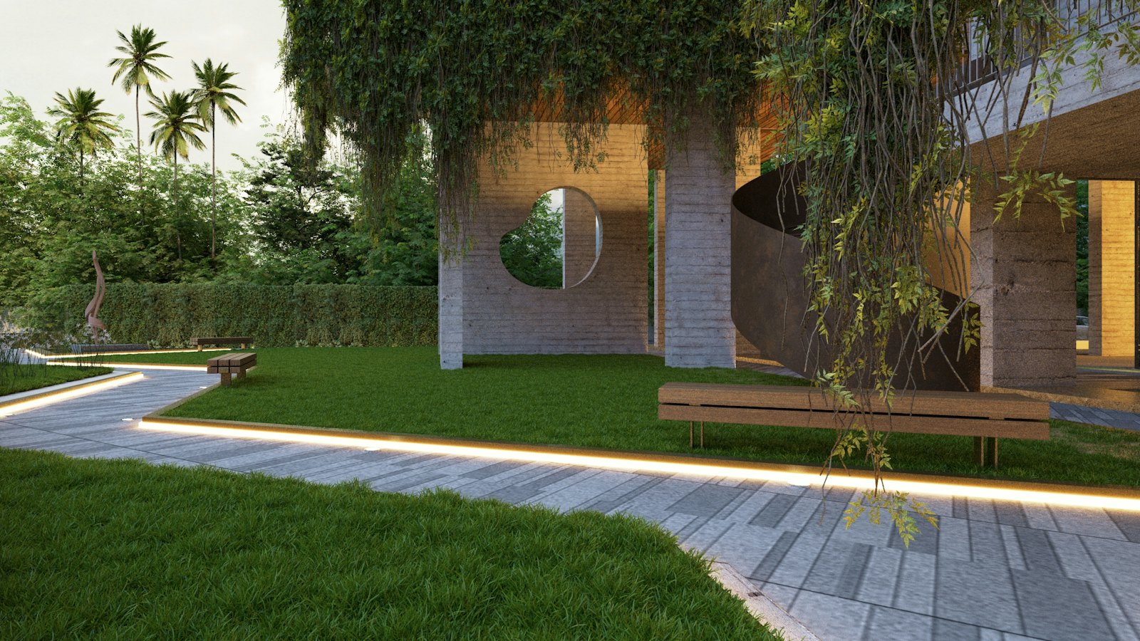 Pergola contemporaine couverte de grimpantes, pelouse et allée éclairée